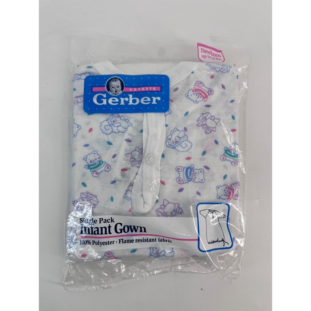Vintage 1993 Gerber Layette Infant Gown Newborn Teddy Bear Print Drawstring New